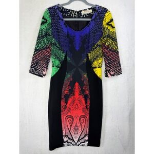 Etro Milano Women Multicolor Rainbow Paisley Print V-Neck Sheath Dress Size 42
